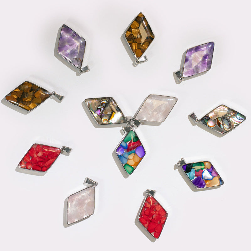 Steel Cased Pendant Diamonds - 12 Assorted Gemstone Chips & Shells product image