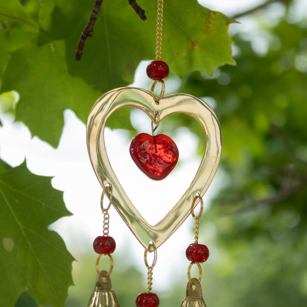 Indian Chimes - Brass With Ruby Glass Heart Beads - 3 Bells product image 5