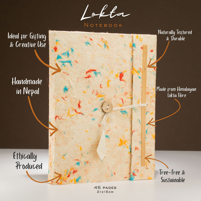 Lokta Mixed Colour Cotton Notebook – Large (21x15cm) – 45 Leaves – Includes Bookmark product image