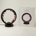 Illuminated amethyst gemstone halo lamp on a black metal stand