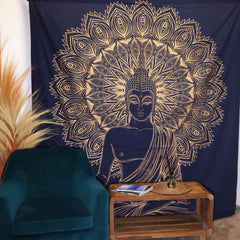 Double Cotton Bedspread + Wall Hanging - Buddha - Blue Gold product image