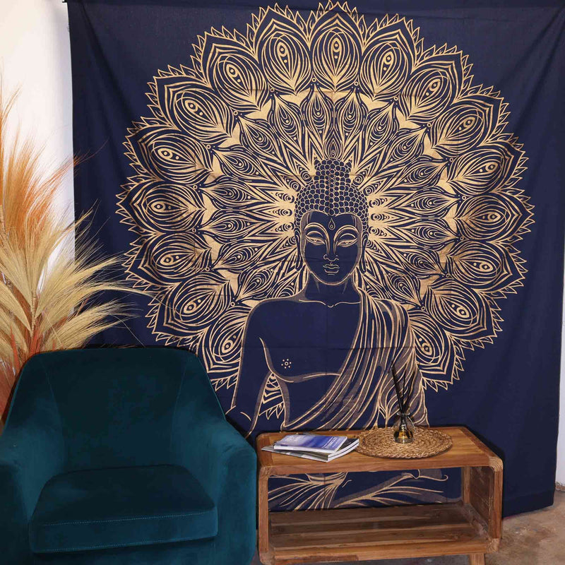 Double Cotton Bedspread + Wall Hanging - Buddha - Blue Gold product image