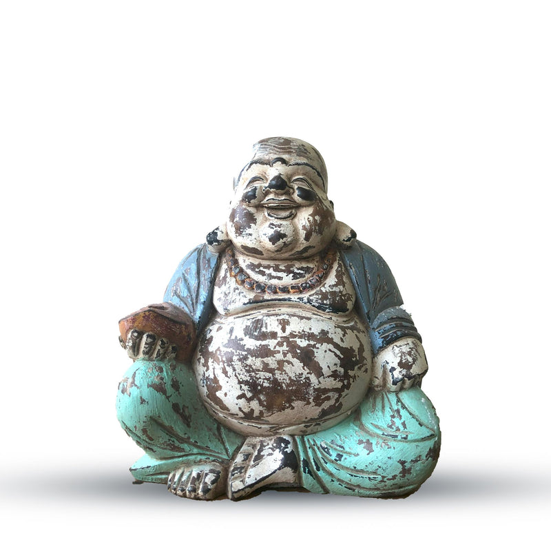 Vintage Blue Mint Hand Carved Buddha Statue - 30cm - Happy Buddha product image