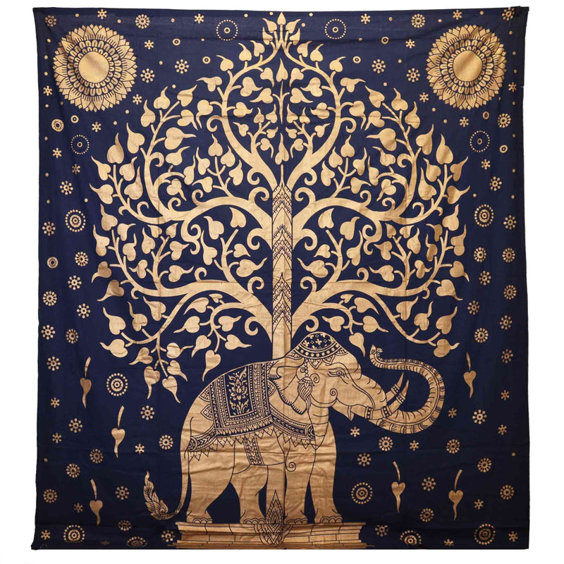 Double Cotton Bedspread + Wall Hanging - Elephant & Tree - Blue Gold product image