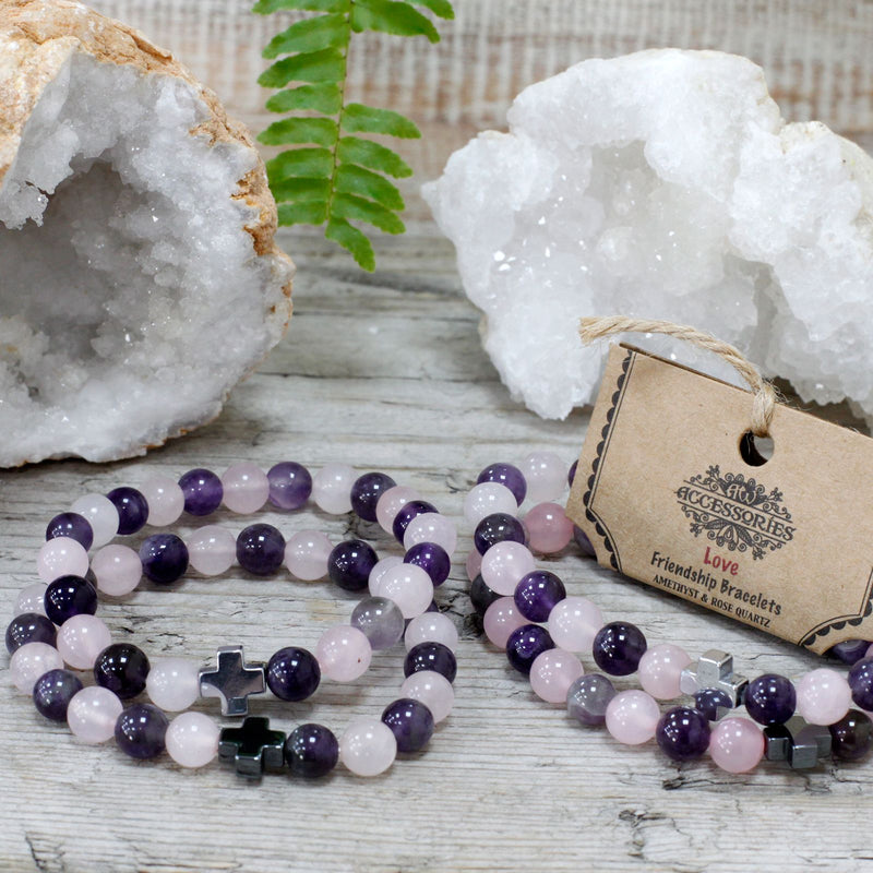 Set of 2 Gemstones Friendship Bracelets - Love - Amethyst & Rose Quartz product image