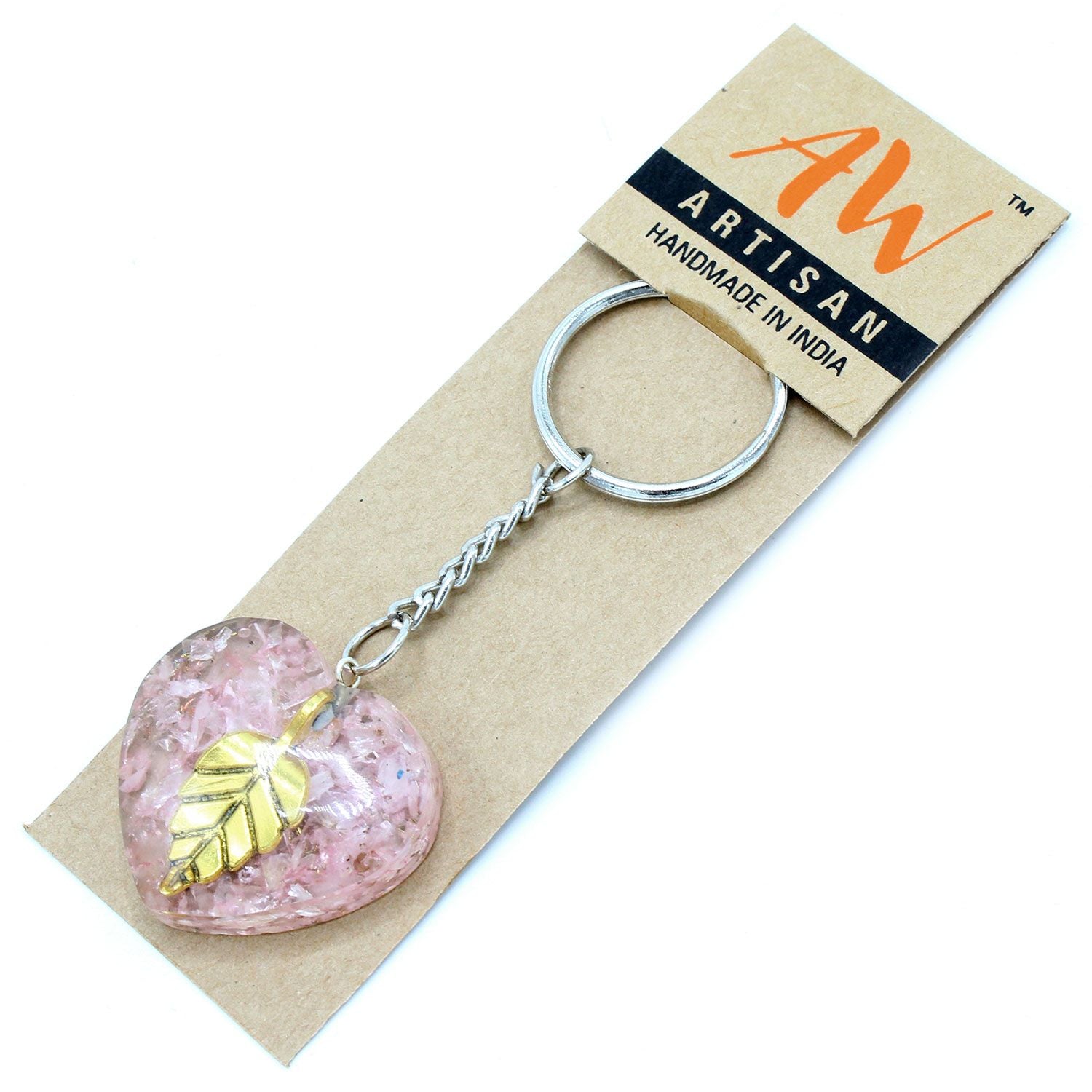 Orgonite Power Keyring - Rose Quartz Heearts Golden Leaf product image