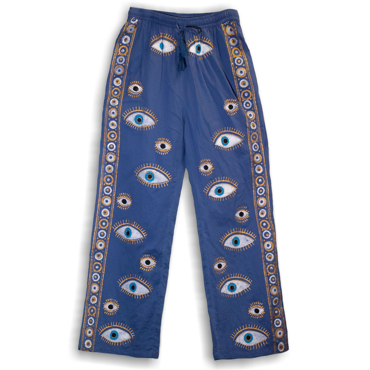 Nomad Sari Lounge Pants (L/XL) – Rich Blue with Hand-Painted Gold Evil Eye Design product image 4