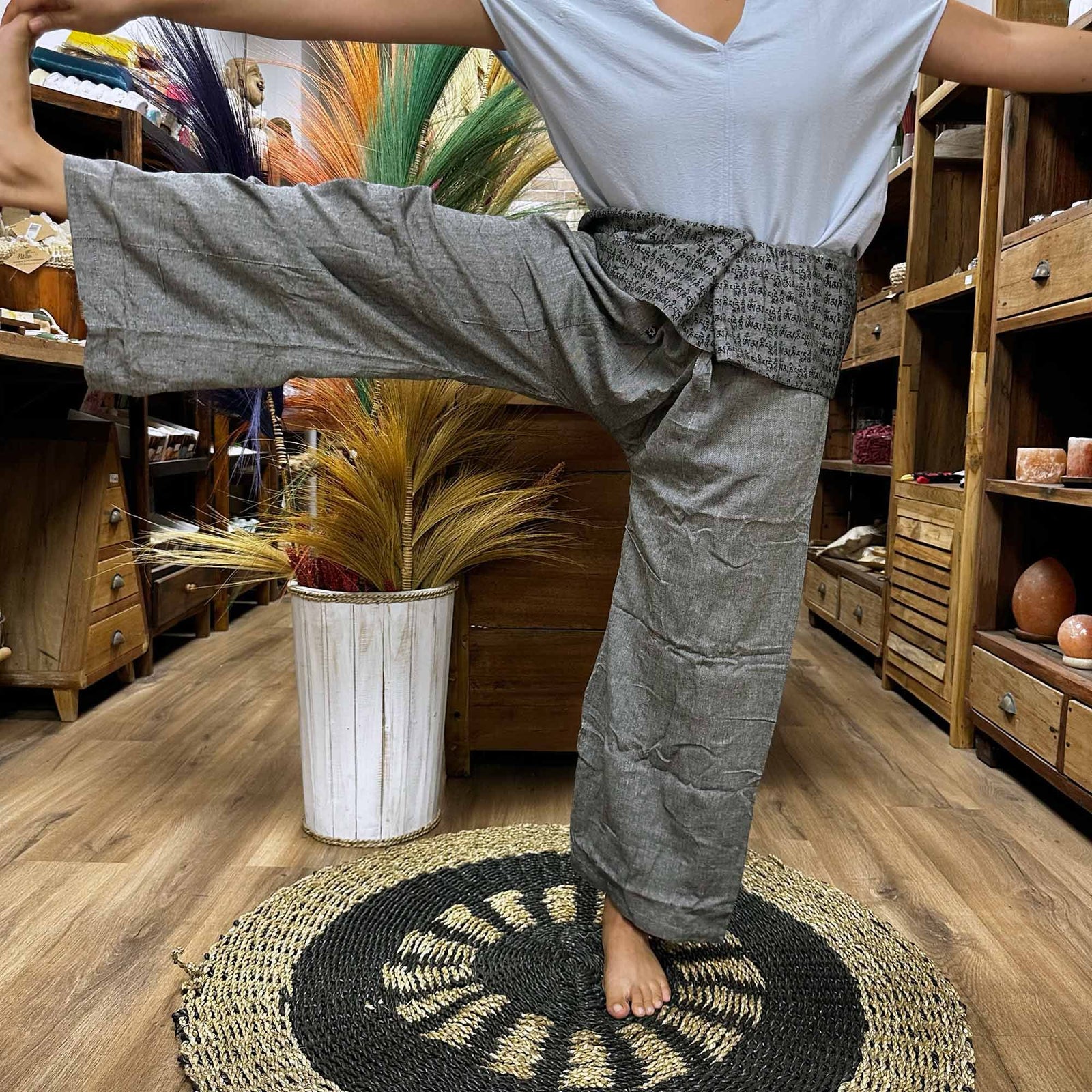Yoga and Festival Pants - Thai Fisherman Mandala Mantra on Grey product image