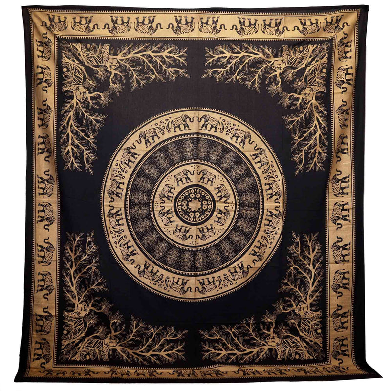 Double Cotton Bedspread + Wall Hanging - Elephant Jungle - Black Gold product image