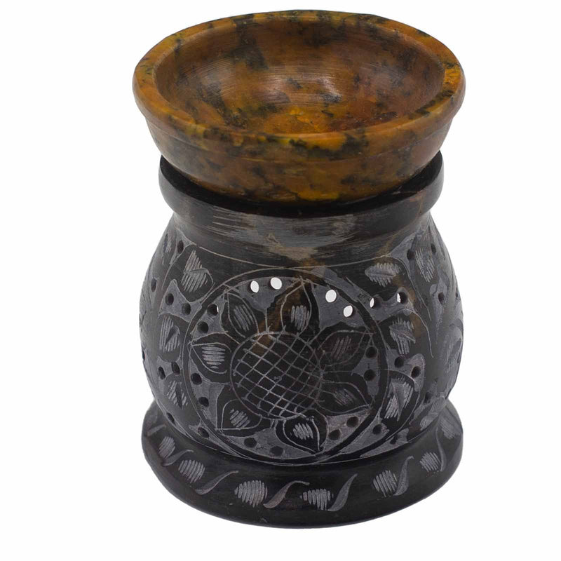 Soapstone Oil Burner 10cm - Mandala Flower - Black & Yellow product image