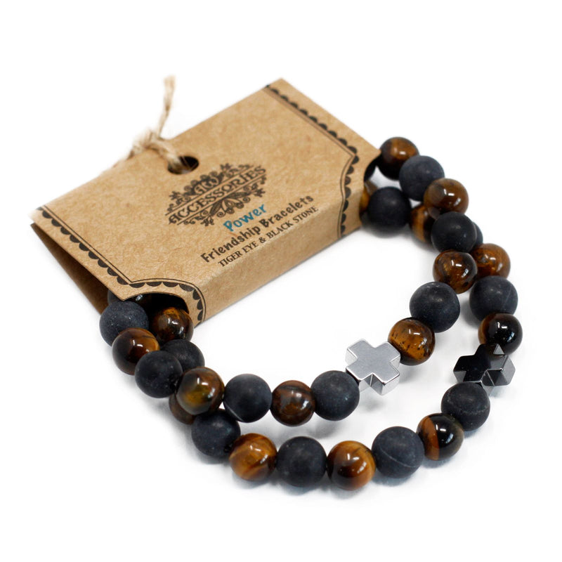 Set of 2 Gemstones Friendship Bracelets - Power - Tiger Eye & Black Stone product image