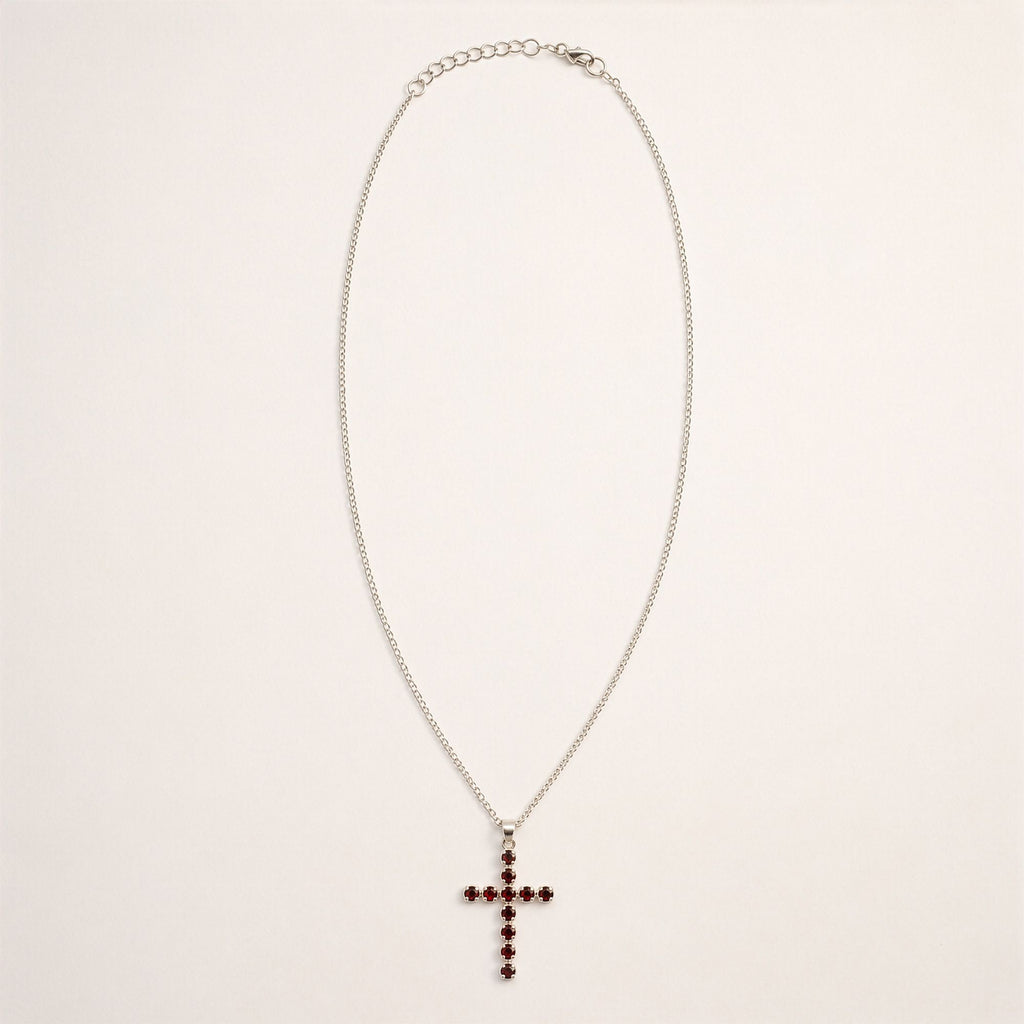 Indian Devotional Pendant - Silver Plated (45cm Chain)- Garnet Crucifix product image 2