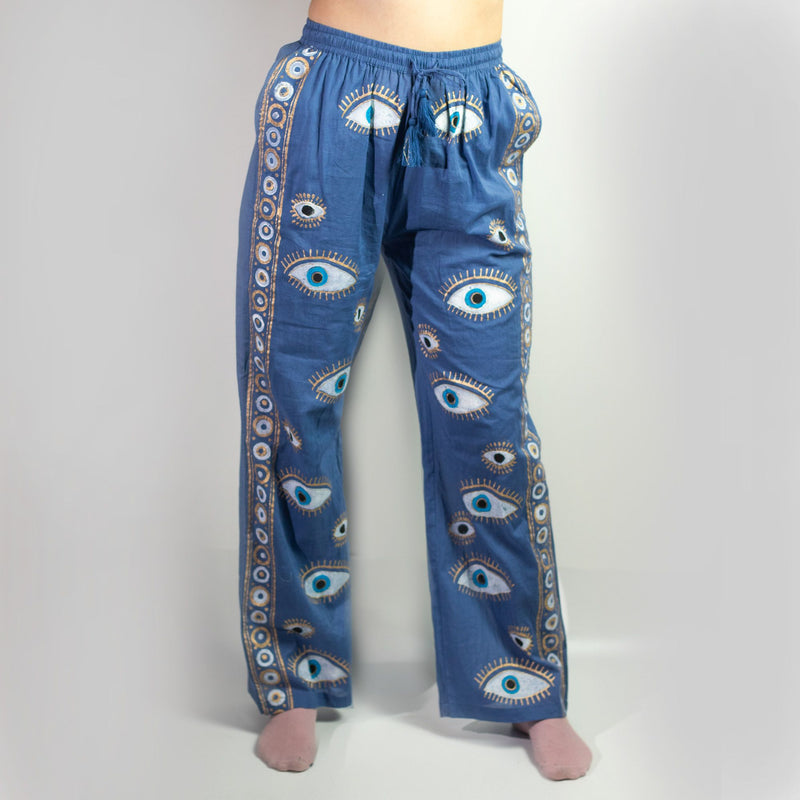 Nomad Sari Lounge Pants (L/XL) – Rich Blue with Hand-Painted Gold Evil Eye Design product image