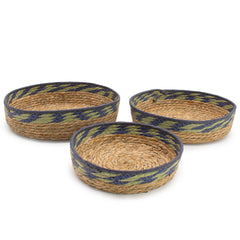Straw & Seagrass Tray Baskets - Natural Green & Blue- Set of 3 product image