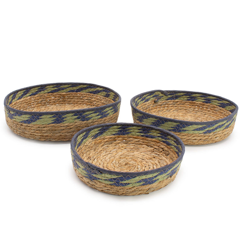 Straw & Seagrass Tray Baskets - Natural Green & Blue- Set of 3 product image
