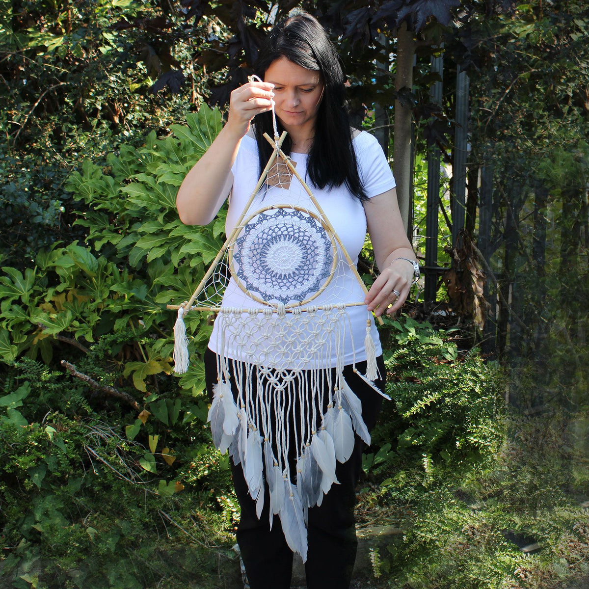 Protection Dream Catcher - Lrg Macrame Pyramid White/Grey product image 2