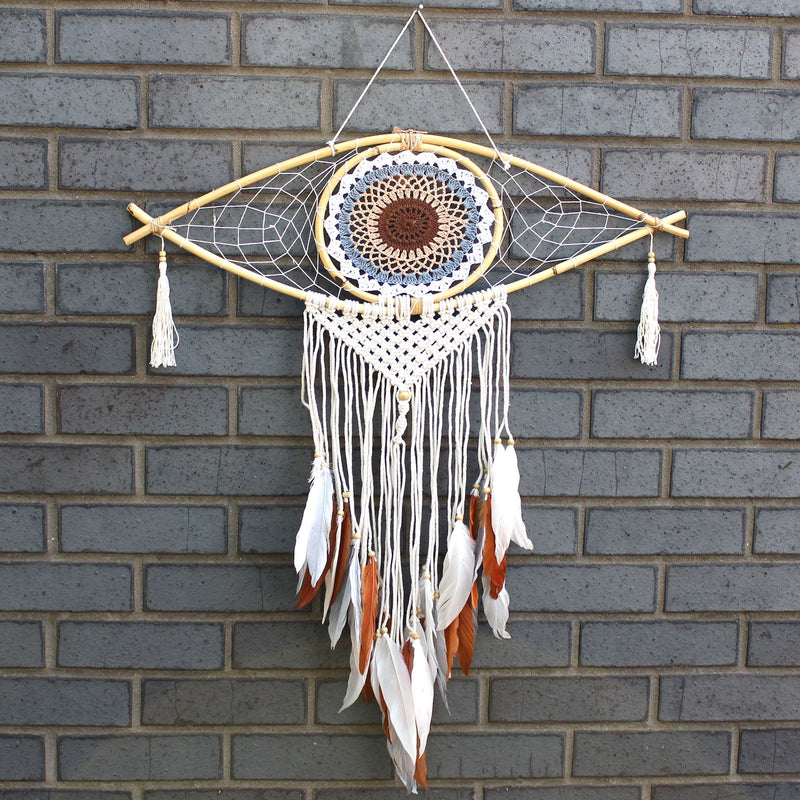 Protection Dream Catcher - Lrg Macrame Evil Eye White/ Grey/Brown product image