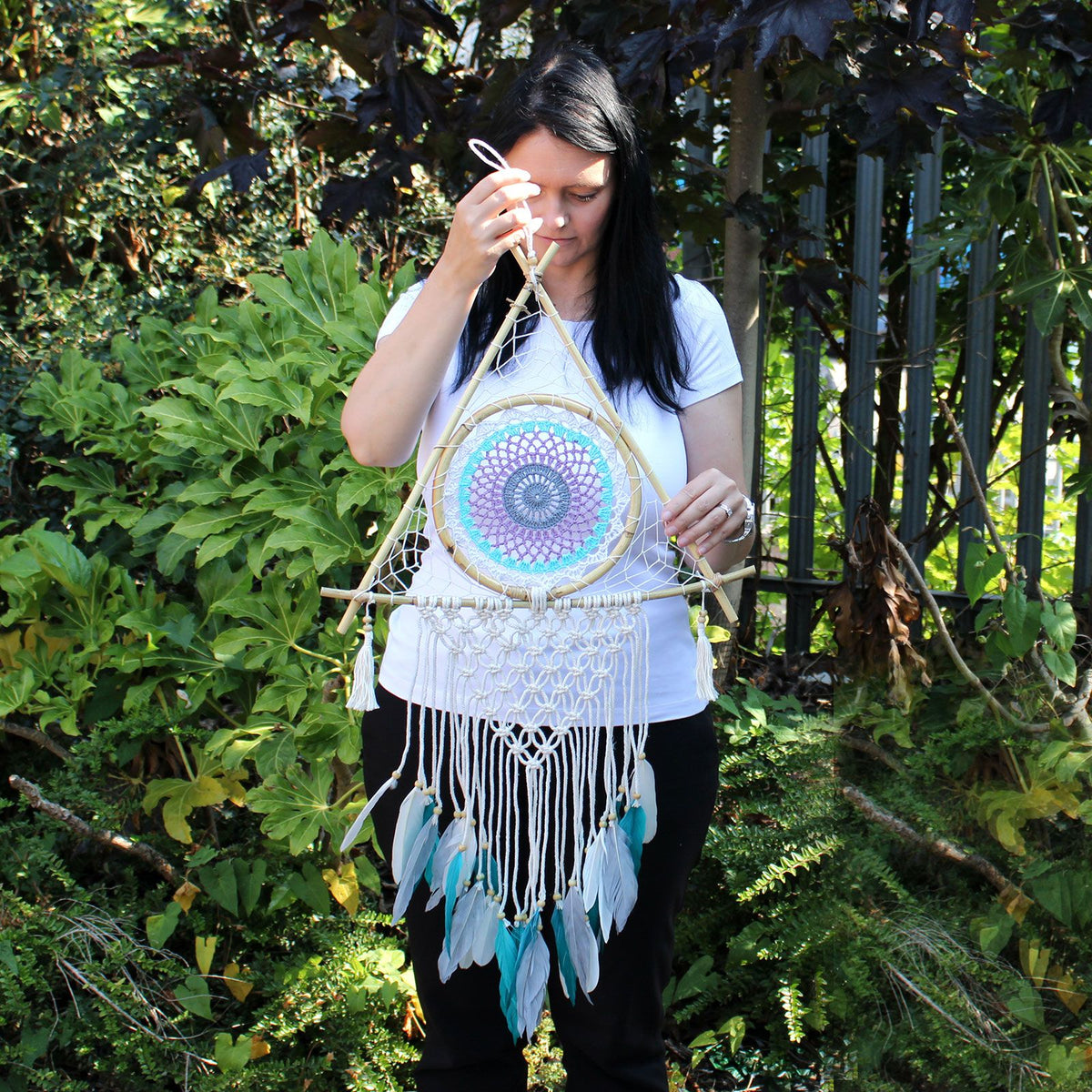 Protection Dream Catcher - Lrg Macrame Pyramid White/Turquoise product image 3