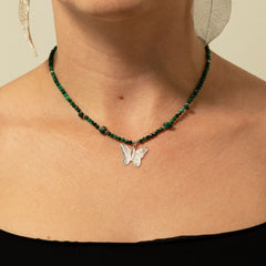 Nymph Malachite Gemstone Necklace with Real Leaf Butterfly Pendant