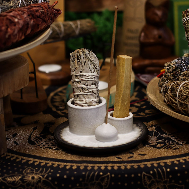 Palo Santo Stick & Smudge Holder - Mandala - White & Grey product image
