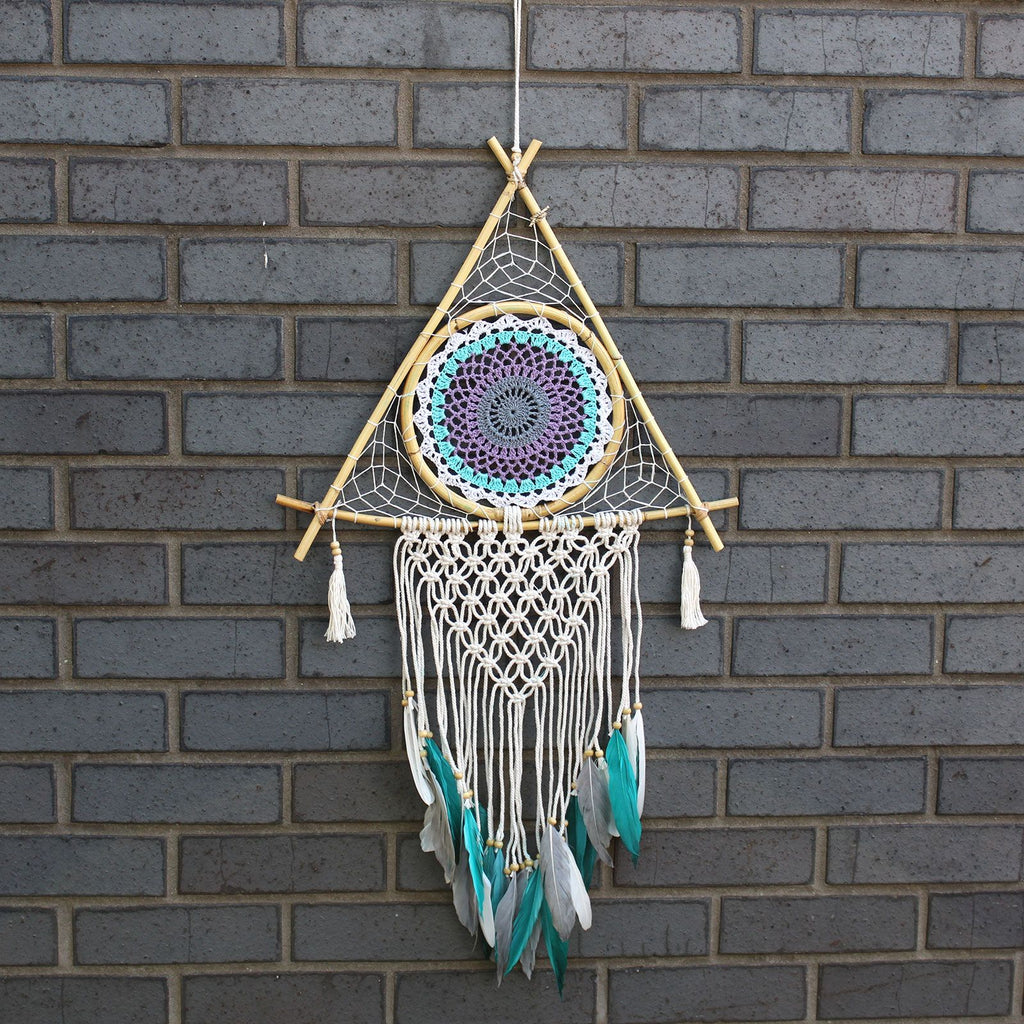 Protection Dream Catcher - Lrg Macrame Pyramid White/Turquoise product image