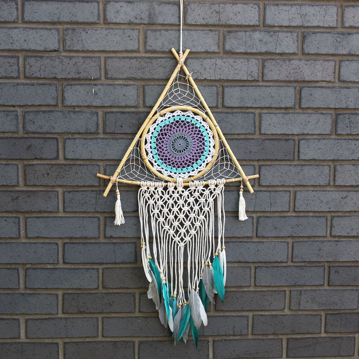 Protection Dream Catcher - Lrg Macrame Pyramid White/Turquoise product image