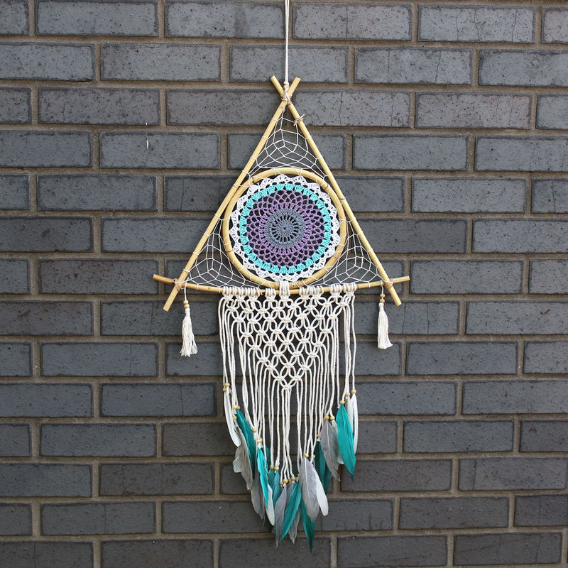 Protection Dream Catcher - Lrg Macrame Pyramid White/Turquoise product image