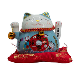 Ceramic Money Cat Moving Hand - Blue on Cushion product image
