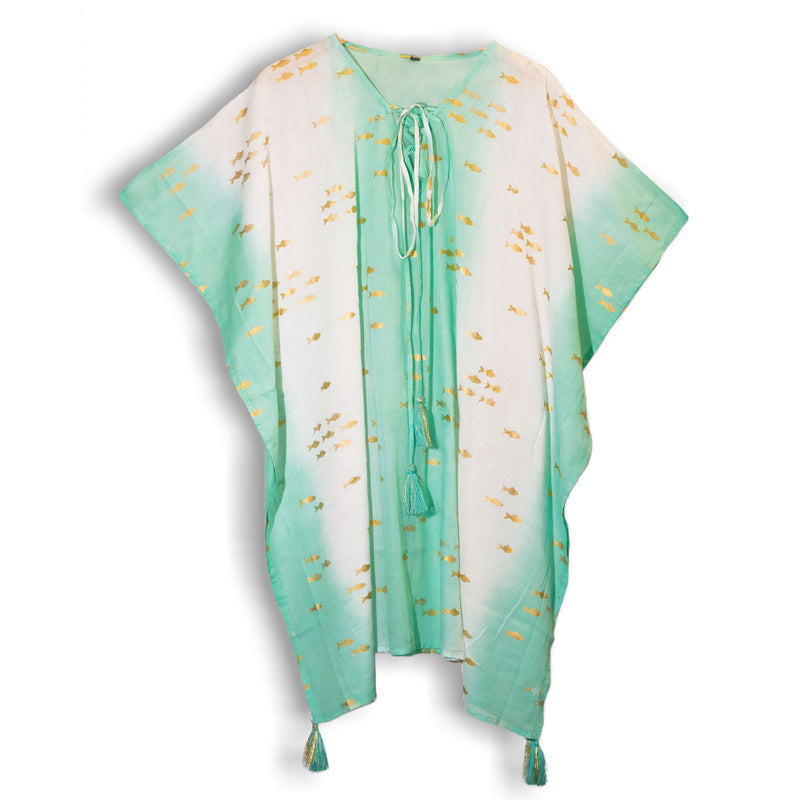 Nomad Sari Kaftan – White & Turquoise with Gold Fish Print product image