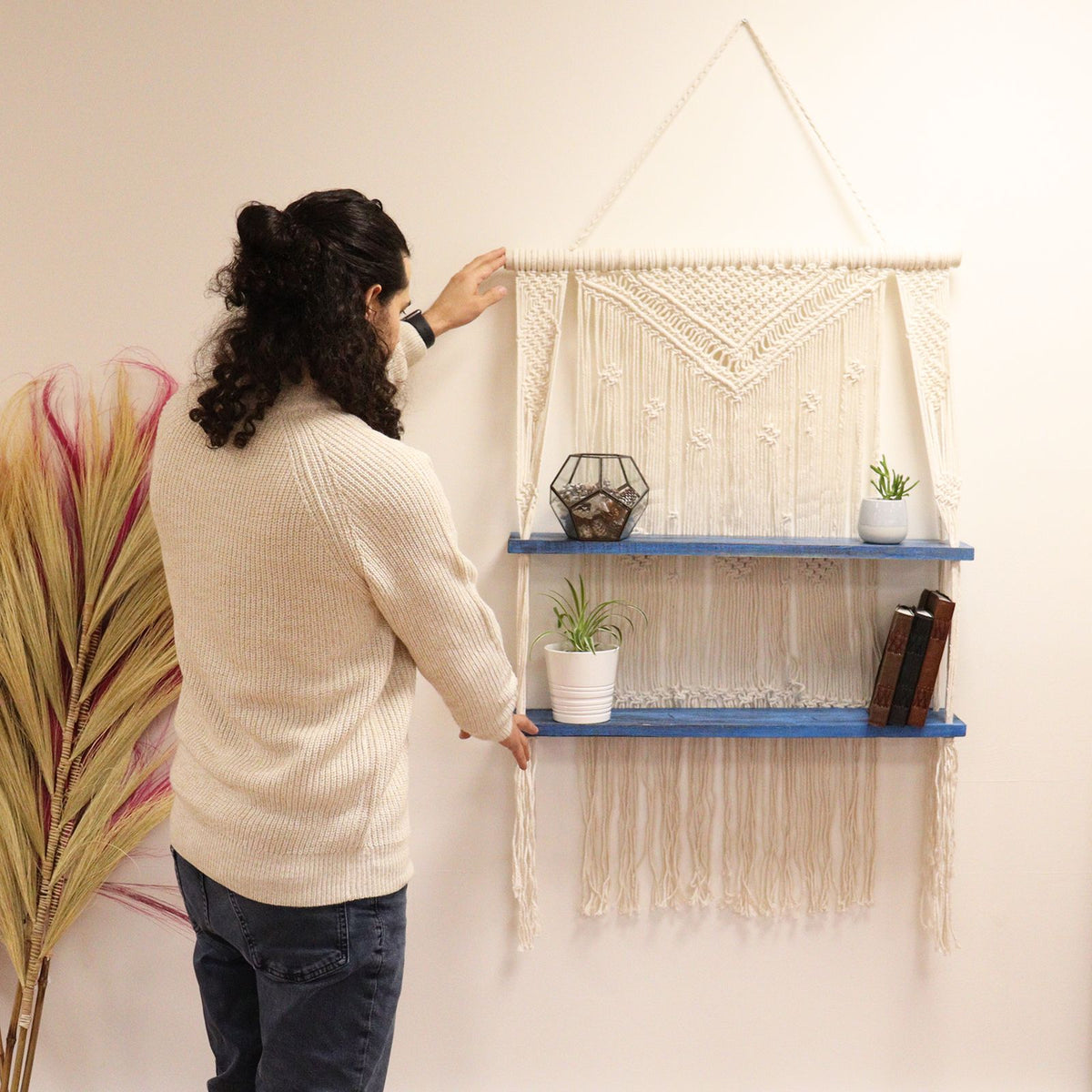 Natural Macrame Hanging Shelves - Blue product image 2