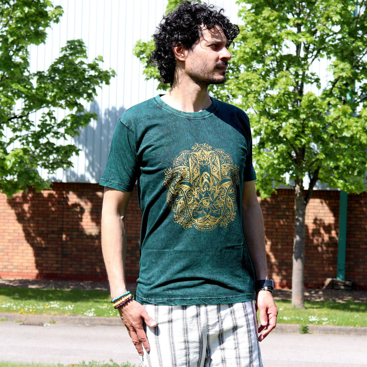 Nomad Sari Stonewashed Cotton T-Shirt – Hamsa – Green – Medium product image 3
