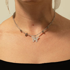 Nymph Labradorite Gemstone Necklace with Real Leaf Butterfly Pendant