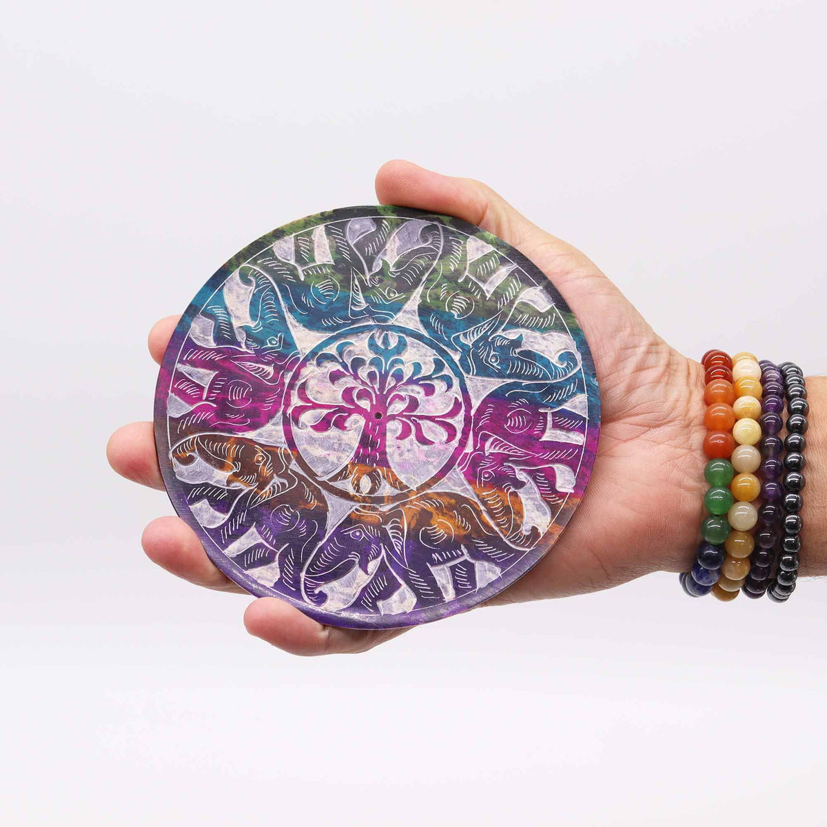 Soapstone Disc Incense Holder - 6 Lucky Elephants product image 2