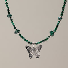 Nymph Malachite Gemstone Necklace with Real Leaf Butterfly Pendant
