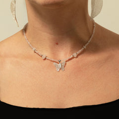 Nymph Rose Quartz Gemstone Necklace with Real Leaf Butterfly Pendant