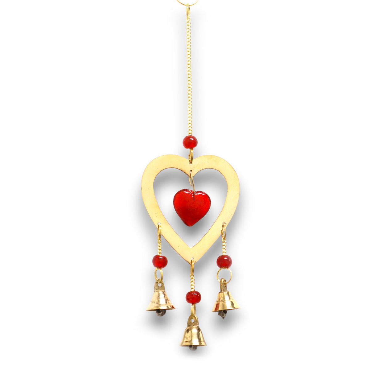 Indian Chimes - Brass With Ruby Glass Heart Beads - 3 Bells product image 2