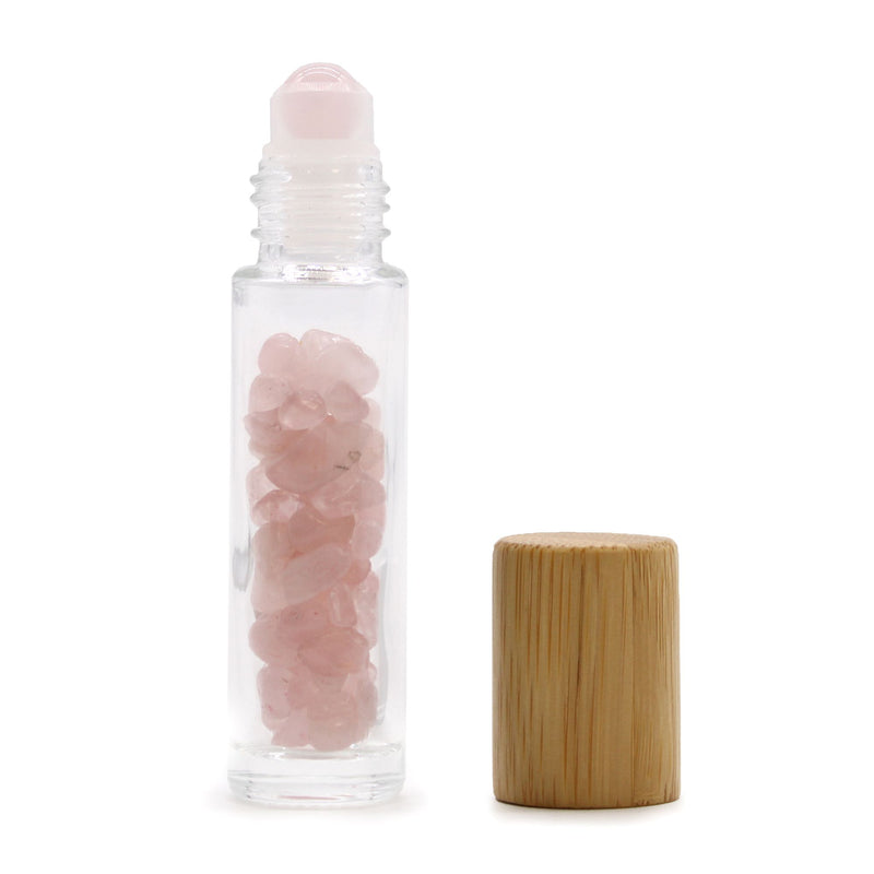 Gemstone Essential Oil Roller Bottle - Rose Quartz - Wooden Cap product image