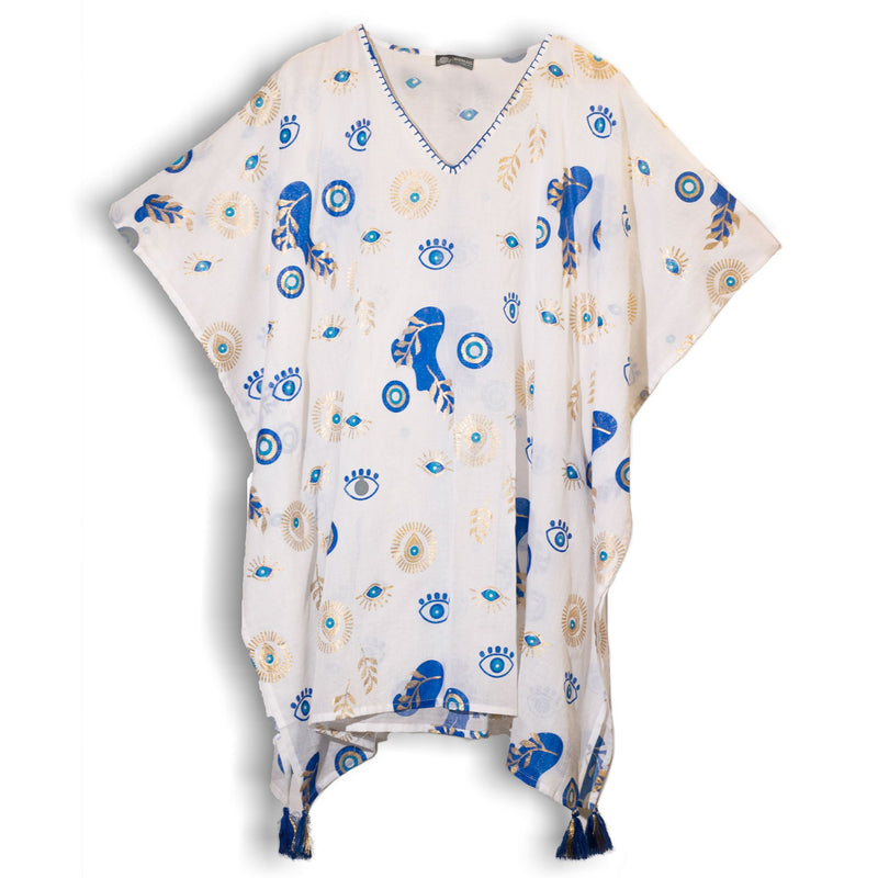 Nomad Sari Kaftan – White with Blue & Gold Evil Eye Print product image