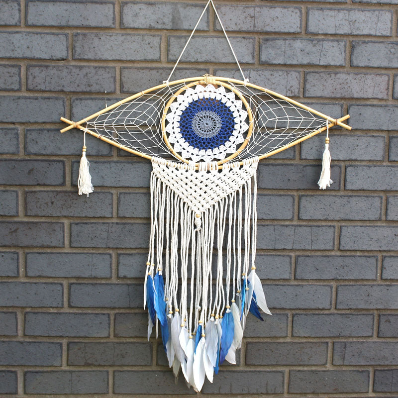 Protection Dream Catcher - Lrg Macrame Evil Eye White/ Blue/Grey product image
