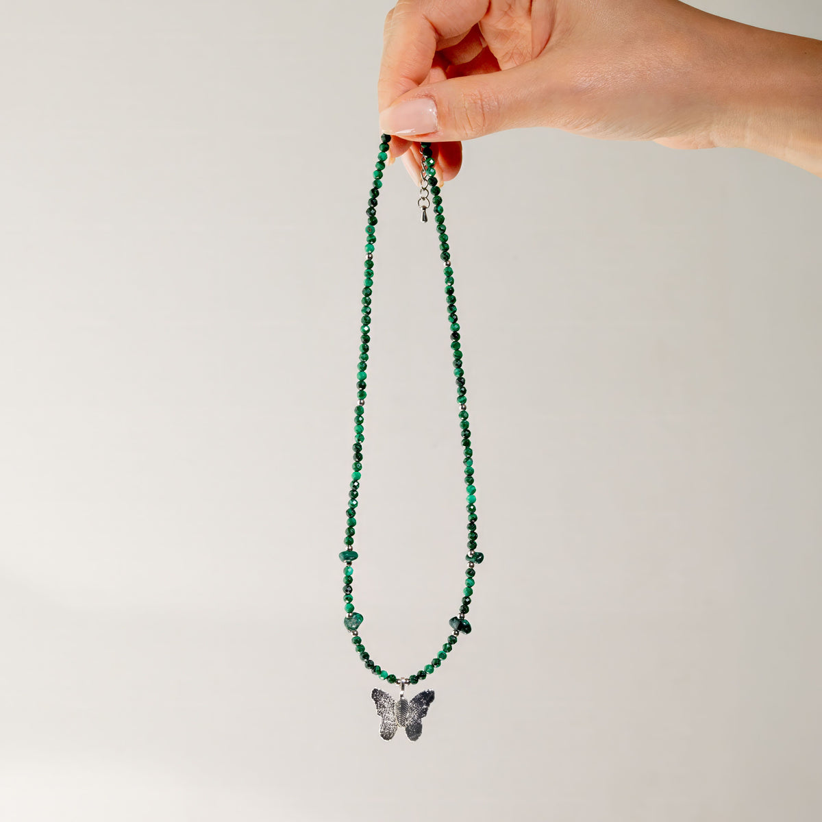 Nymph Malachite Gemstone Necklace with Real Leaf Butterfly Pendant - product image 5