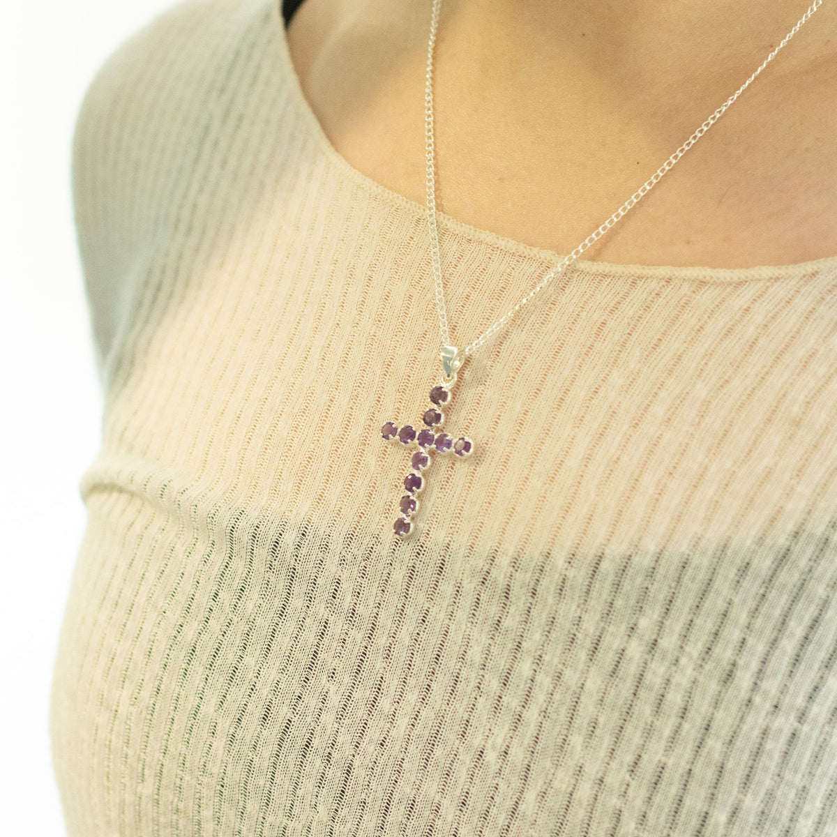 Indian Devotional Pendant - Silver Plated (45cm Chain)- Amethyst Crucifix product image