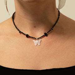 Nymph Black Obsidian Gemstone Necklace with Real Leaf Butterfly Pendant