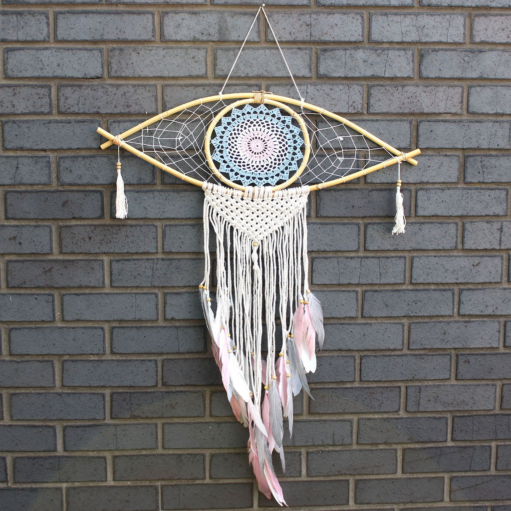 Protection Dream Catcher - Lrg Macrame Eye Blue/ White/Pink product image