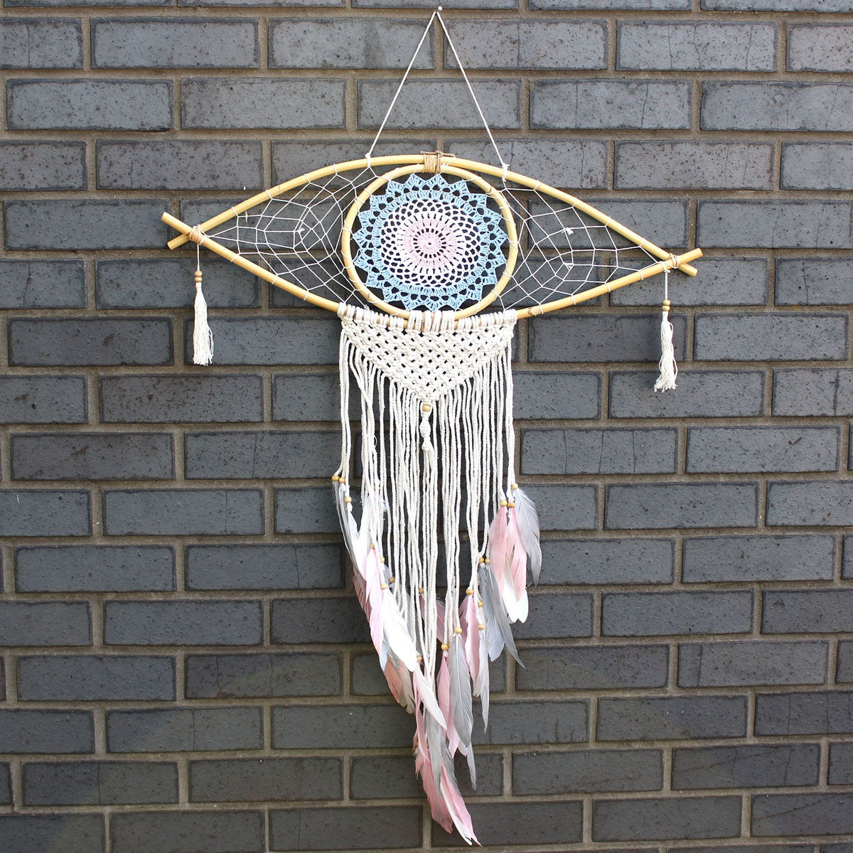 Protection Dream Catcher - Lrg Macrame Eye Blue/ White/Pink product image