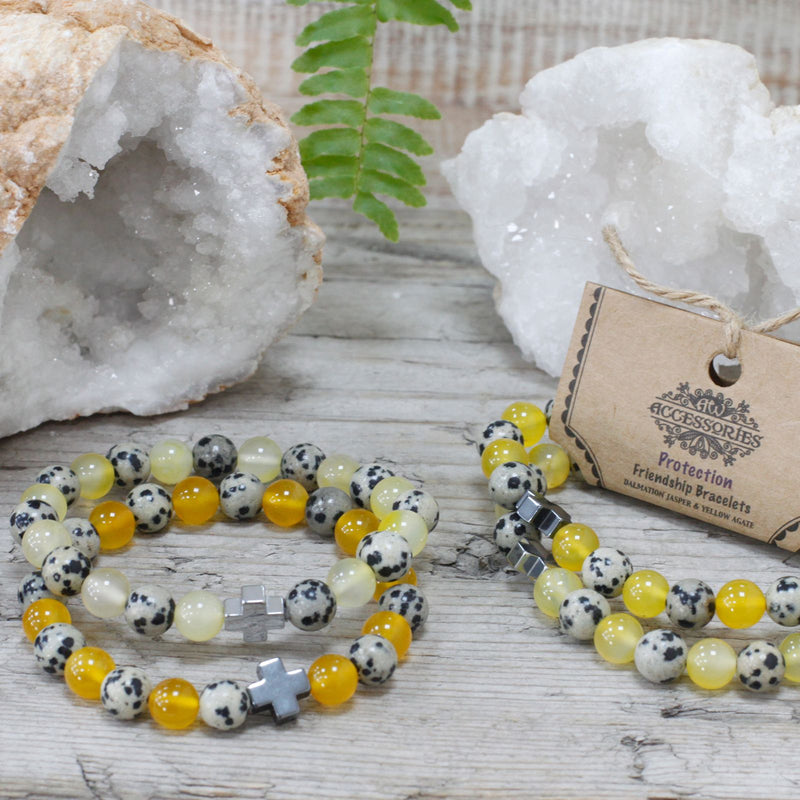 Set of 2 Gemstones Friendship Bracelets - Protection - Dalmatian Jasper & Yellow Agate product image