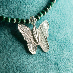 Nymph Malachite Gemstone Necklace with Real Leaf Butterfly Pendant
