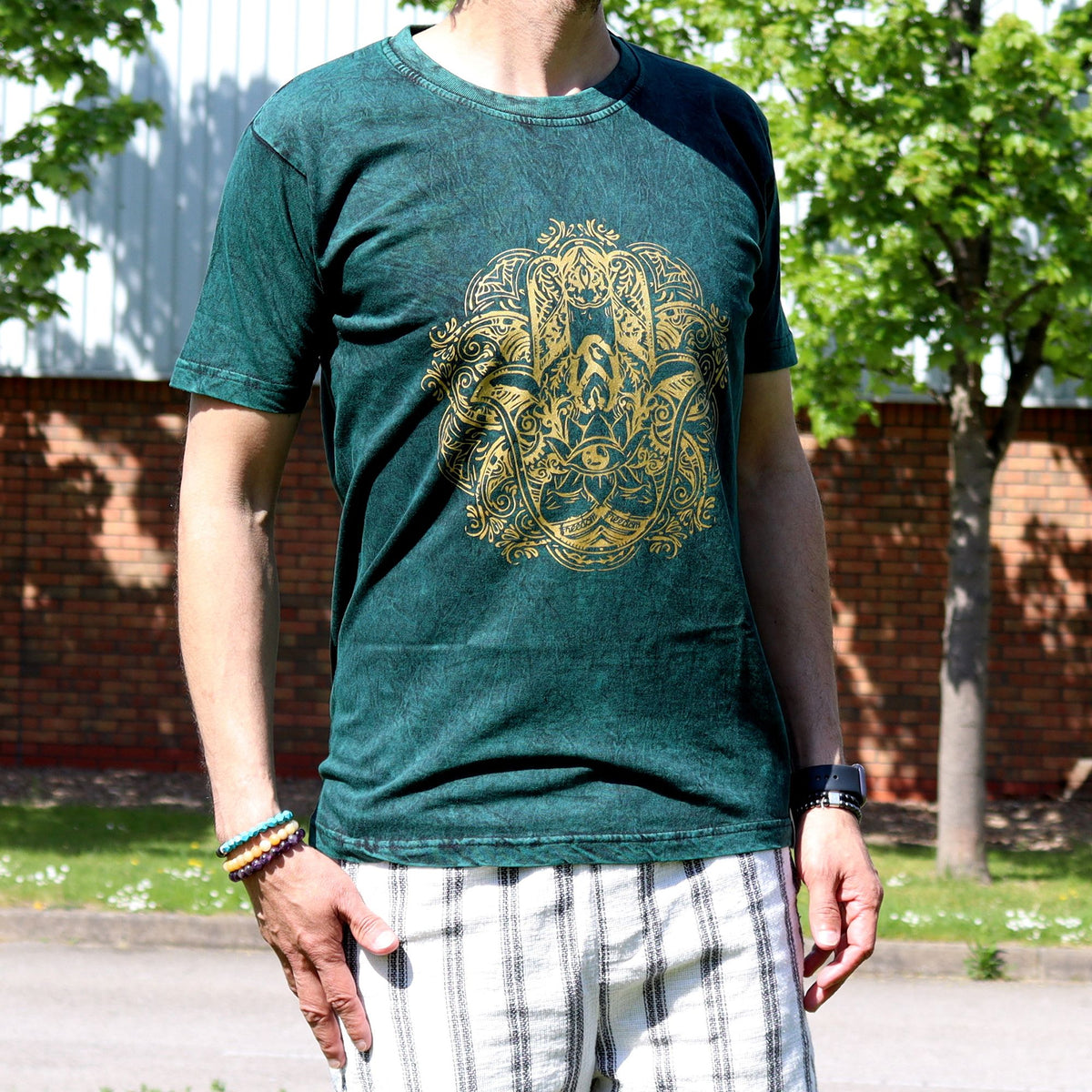 Nomad Sari Stonewashed Cotton T-Shirt – Hamsa – Green – Medium product image 2