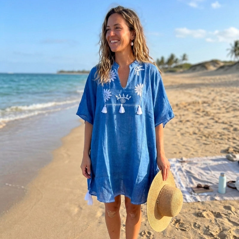 Nomad Sari On the Med Collection - Kaftan - Blue with Cream Embroidery and Tassels product image