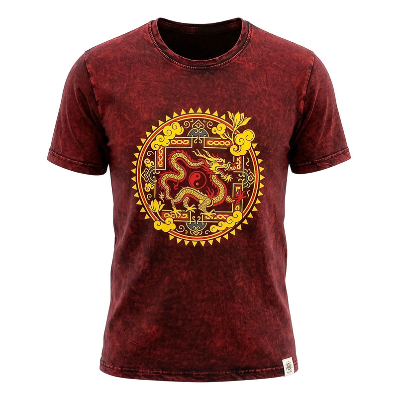 Nomad Sari Stonewashed Cotton T-Shirt - Dragon Mandala - Maroon - Large product image