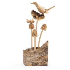 Handmade Parasite Wood Art Carving - Bird & Bee on Mushrooms product image
